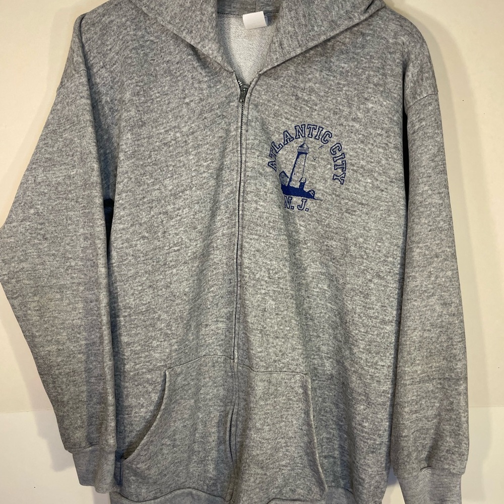 Vintage 70s Zip Up Hoodie Size XL Atlantic City New Jersey USA Made Gray Gym